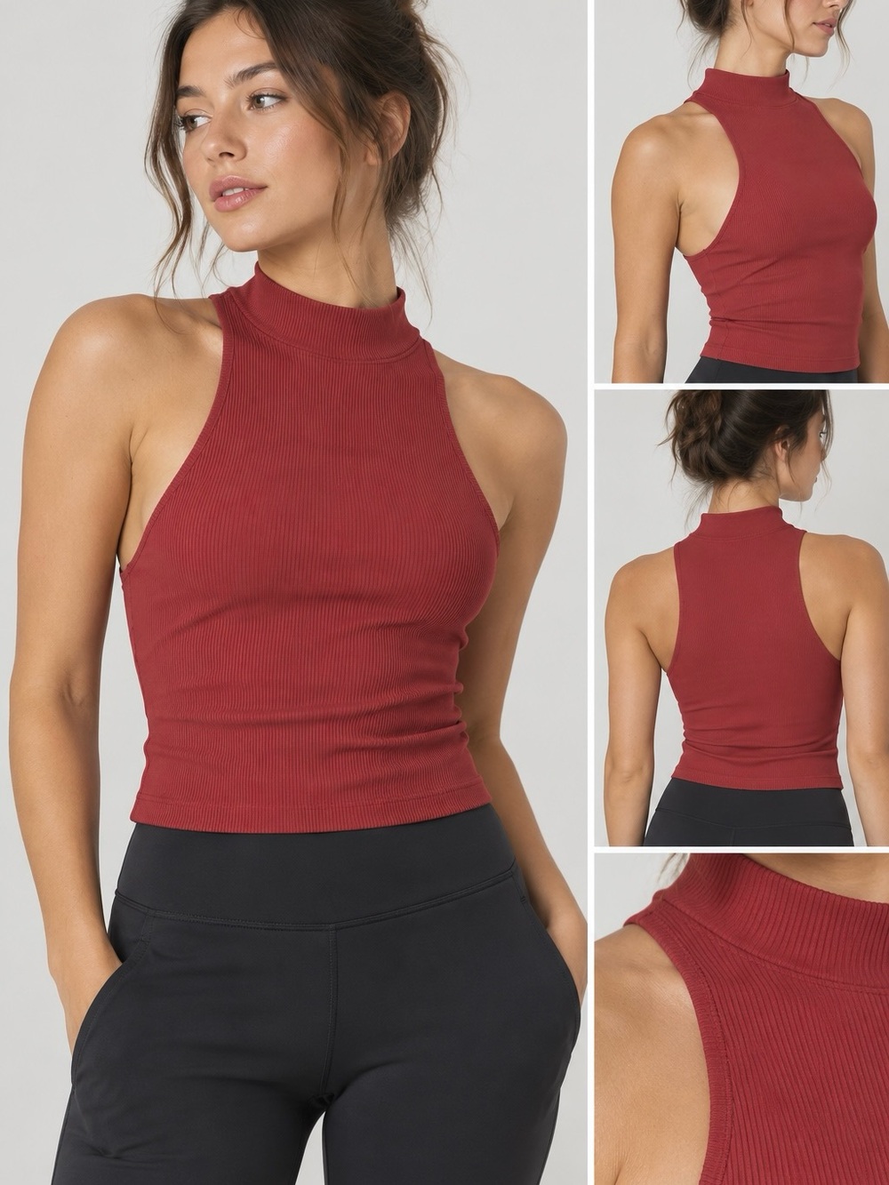 FARM Rio Red Ribbed Mock Neck Sleeveless Tank Top